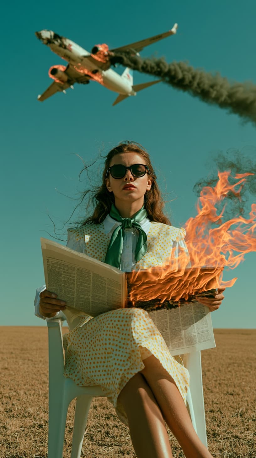 Surreal cinematic editorial of a woman reading a burning newspaper as a plane crashes behind her